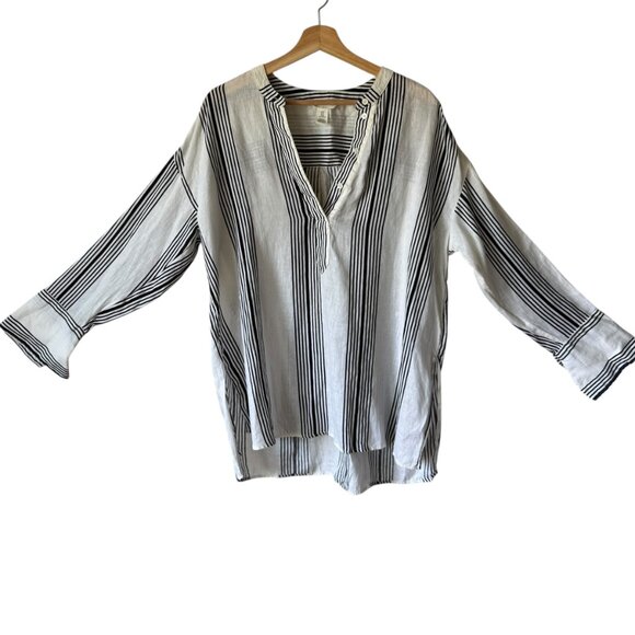 H&M Linen Popover Shirt Tunic Oversized Band Collar Dropped Shoulders Wide Cuffs - Picture 1 of 16